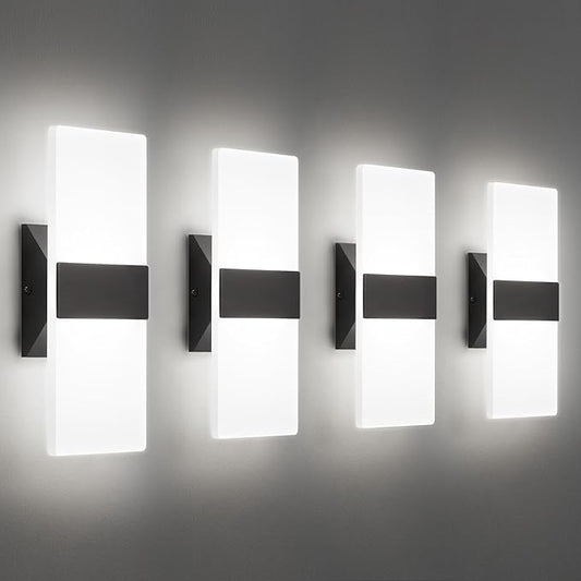 Modern LED Wall Sconces, 12 Inch Indoor Black Wall Lights, 12W 2700K-5000K Adjustable, Hardwired Acrylic Wall Sconces Set of 4, Dimmable Wall Mount Light for Living Room Bedroom Hallway, ETL