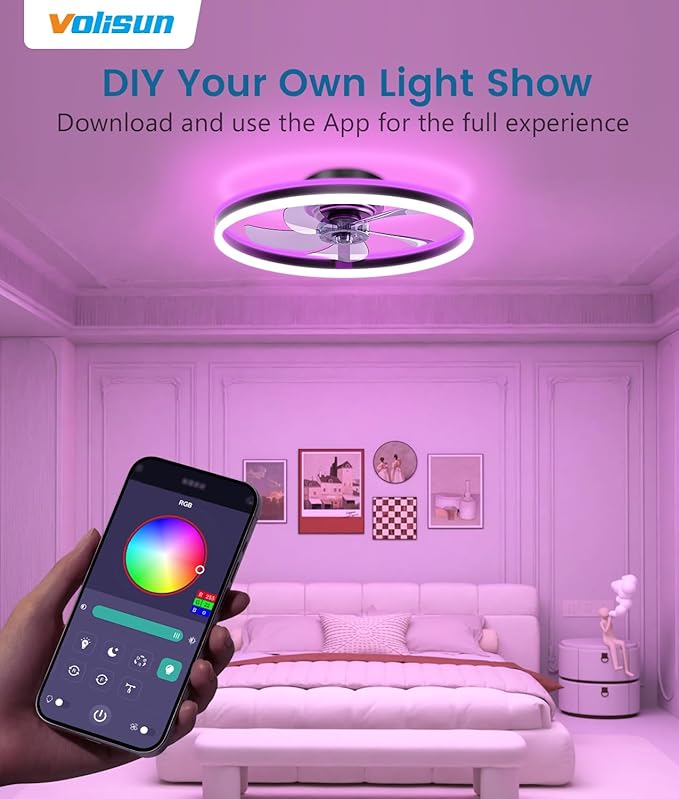 VOLISUN RGB Ceiling Fans with Lights and Remote, 20in Low Profile Ceiling Fans with Lights Flush Mount, 3000K-6500K Dimmable Fandelier LED Fan Light, Black Bladeless Ceiling Fans for Bedroom