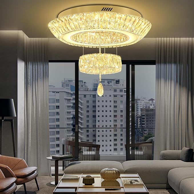 Led 24'' Gold Ring Crystal Chandelier,Modern Luxury 2-Tier Crystal Raindrop Chandeliers Lighting for Dining Living Room LED Dimmable 3000-6000K