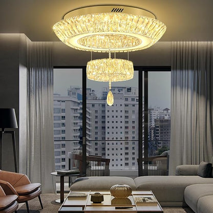Led 24'' Gold Ring Crystal Chandelier,Modern Luxury 2-Tier Crystal Raindrop Chandeliers Lighting for Dining Living Room LED Dimmable 3000-6000K