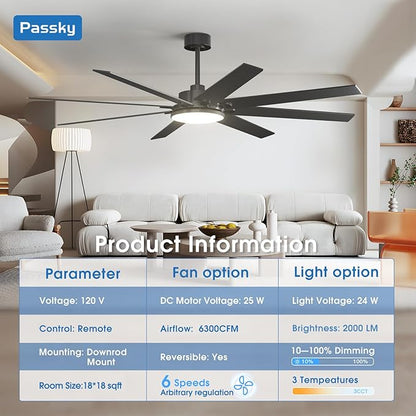72 inch Ceiling Fans with Lights, Large Modern Ceiling Fan with Light and Remote Control, Reversible, 3CCT, Dimmable, Quiet, Black Ceiling fan For Bedroom, Living Room, Patio Farmhouse, Indoor/Outdoor