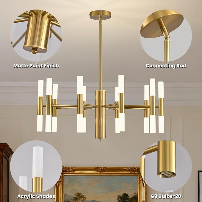 Modern Gold Chandelier 20-Light, Luxury Round Sputnik Chandeliers with Acrylic Shades, 26.7" Candle Chandelier for Dining Room, High Ceilings, Living Room, Foyer, Entryway, G9 Base