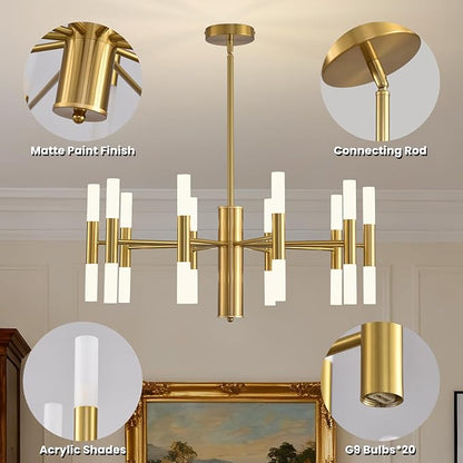Modern Gold Chandelier 20-Light, Luxury Round Sputnik Chandeliers with Acrylic Shades, 26.7" Candle Chandelier for Dining Room, High Ceilings, Living Room, Foyer, Entryway, G9 Base