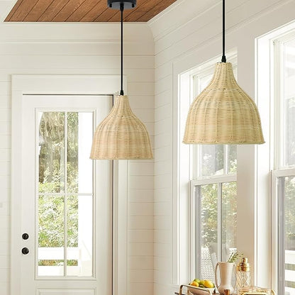 Hard Wired Rattan Pendant Lights Set of 2,Boho Wicker Chandelier with 9.84” Dome Shade, Basket Hand Woven Hanging Lamp for Coastal Kitchen Island Dining Room Living Room Bar Foyer Hallway