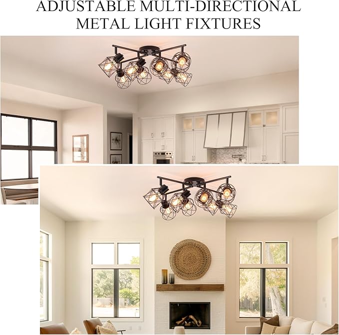8 Lights Adjustable Multi-Directional Black Light Fixtures, Semi Flush Mount Ceiling Light, Kitchen Light Fixtures Track Lighting Fixtures with Metal Cage Industrial Spotlight Fixtures for Dining Room