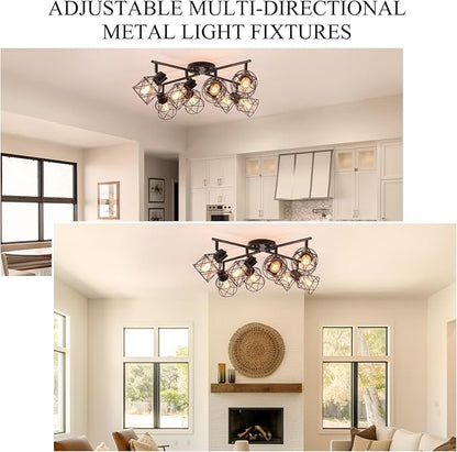 8 Lights Adjustable Multi-Directional Black Light Fixtures, Semi Flush Mount Ceiling Light, Kitchen Light Fixtures Track Lighting Fixtures with Metal Cage Industrial Spotlight Fixtures for Dining Room