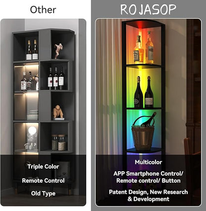 ROJASOP 5 Tiers Corner Shelf with Light Tall Display Shelf for Collectibles Control Multiple Color Lights via APP and Remote Control Floor Lamp with Shelf Supports Dimming for Living Room Bedroom Home