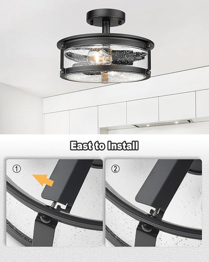 2-Light Semi Flush Mount Ceiling Light Fixture, Industrial Farmhouse Lighting, Black Matte Metal Hallway Ceiling Light with Seeded Glass for Bedroom,Living Room,Kitchen,Entryway,Dining Room