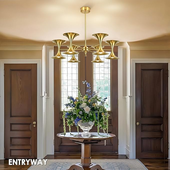 12-Lights Brass Gold Chandelier,Modern Industrial Dining Room Chandelier Lighting Fixture, Farmhouse Metal Ceiling Light for Kitchen Island Bedroom Living Room Hallway