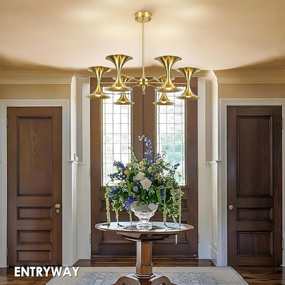 12-Lights Brass Gold Chandelier,Modern Industrial Dining Room Chandelier Lighting Fixture, Farmhouse Metal Ceiling Light for Kitchen Island Bedroom Living Room Hallway