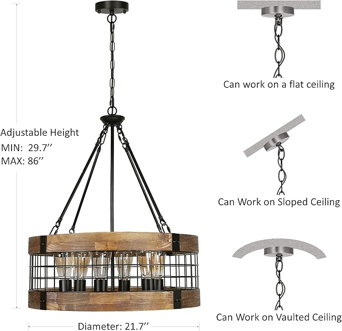 ACNKTZ 6-Light Farmhouse Chandelier for Entryway, Rustic Dining Room Light Fixtures, Industrial Drum Hanging Lighting for Kitchen Island Foyer, Black Wood and Black Metal Finish