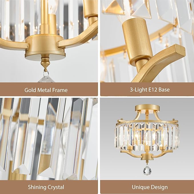 Crystal Gold Chandeliers Modern Farmhouse Small Chandelier 12.2 Inch 3-Light Round Crystal Mini Semi Flush Mount Ceiling Light Fixture for Dining Room Entryway Hallway Kitchen Bedroom Foyer