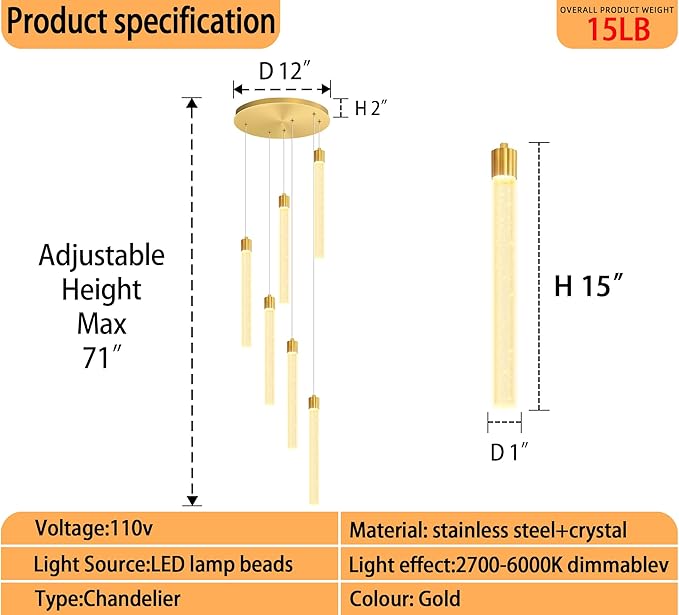 6-Light Modern Gold Crystal Chandelier for Spiral Staircase High Ceiling Chandeliers Bubble Crystal Chandelier Lighting Cluster Hanging Light Fixture for Living Room Foyer