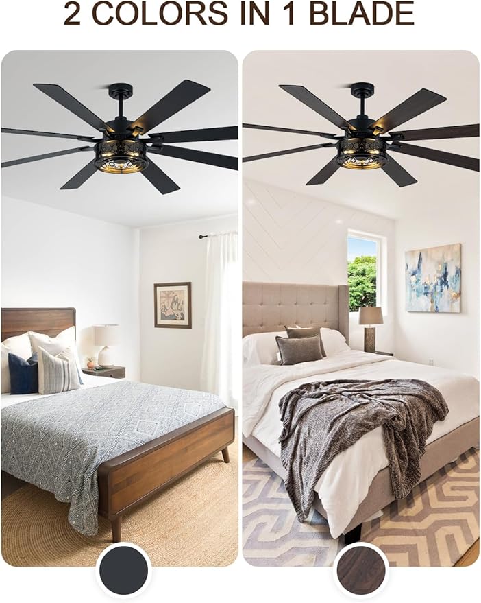 72 Inch Ceiling Fan with Lights and Remote Large Farmhouse Ceiling Fan Black Caged Fandelier Industrial Rustic Chandelier Light, Reversible Quiet DC Motor 6 Speed for Indoor Outdoor