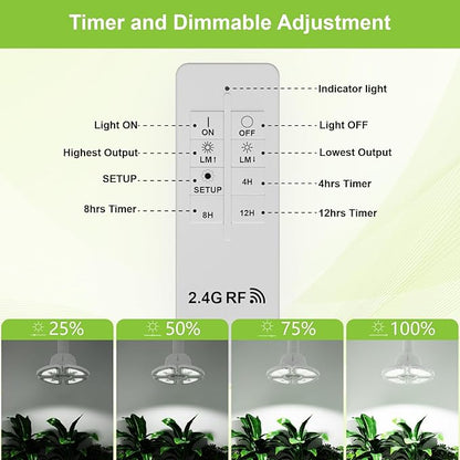 RDJ Bouns Dimmable Grow Light Bulb with Remote Control, 80W Large Full Spectrum Plant Bulb with 4/8/12H Timer, E26 Base LED Grow Lamp for Large Indoor Plants, Monstera, Fiddle Leaf Fig