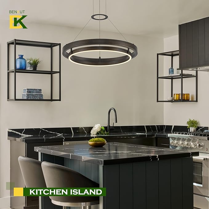 Benkut Modern LED Chandelier Vintage Black Brown Dimmable Circular LED Pendant Light with Remote Ring Chandelier Dining Room Light Fixtures for Kitchen Island Living Room Entryway, D23.6
