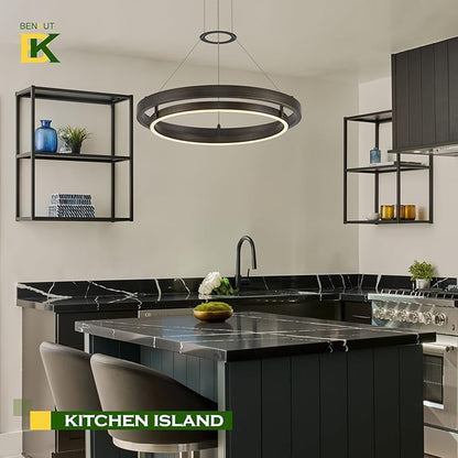 Benkut Modern LED Chandelier Vintage Black Brown Dimmable Circular LED Pendant Light with Remote Ring Chandelier Dining Room Light Fixtures for Kitchen Island Living Room Entryway, D23.6