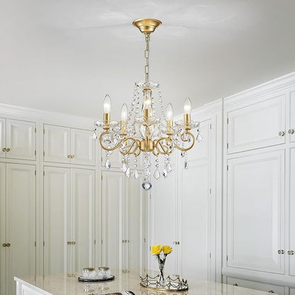 ANJIADENGSHI Mini Crystal Chandelier K9 Crystal Gold Chandelier for Living Room Bedroom Dining Room Kitchen Island Entryway 5 E12 Bulbs High 16.5 in x Diameter 16.9 in, Golden