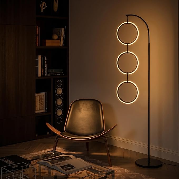 Brightech Nova Modern Floor Lamp Matches Living Room Décor - Contemporary Arc Tall Lamp with 3-Circle Ring-Style Pendant - Over The Couch Standing on Arching Pole - Eclectic- Black