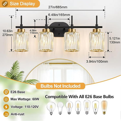 Modern Crystal Bathroom Vanity Light, 4-Light Black and Gold Bathroom Light Fixtures, Clear K9 Crystal Shades, Adjustable Up/Down Mount, E26 Base Wall Sconce (Bulbs Not Included)