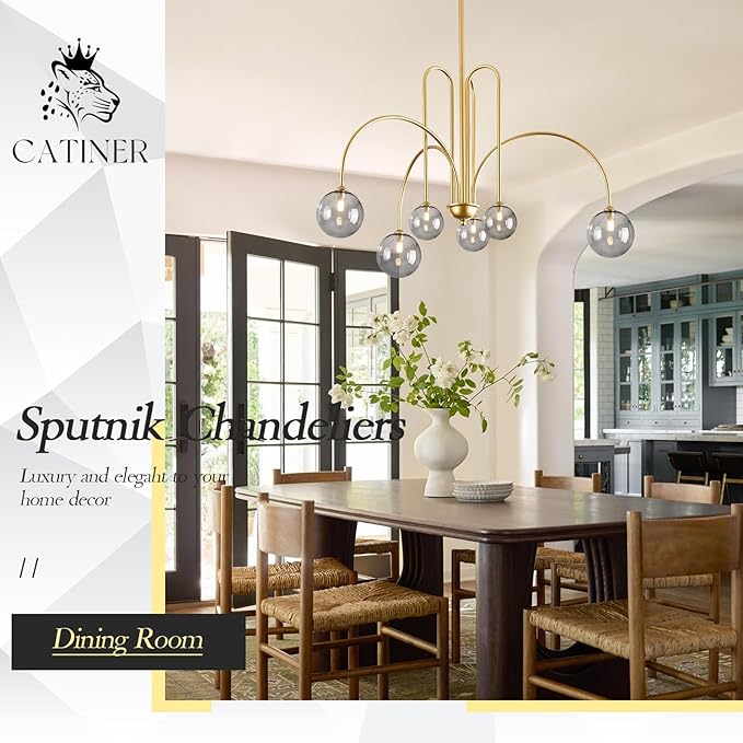CATINER Modern Gold Chandelier, 6 Lights Sputnik Chandeliers Large L40”Mid Century Ceiling Pendant Light Fixtures with Smoke Glass Globe Shades for Living Dining Room Foyer Bedroom