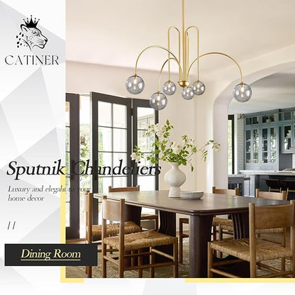 CATINER Modern Gold Chandelier, 6 Lights Sputnik Chandeliers Large L40”Mid Century Ceiling Pendant Light Fixtures with Smoke Glass Globe Shades for Living Dining Room Foyer Bedroom