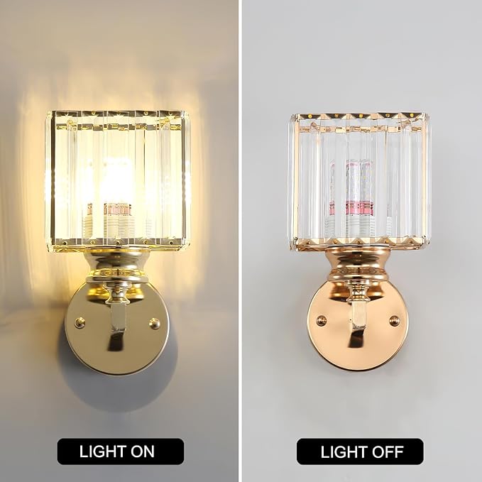 Hardwired Crystal Wall Sconces, Modern E27 Wall Lights, Gold Square Finish Wall Lamp for Living Room Bedroom Dining Room Hallway Entryway (Gold Square)