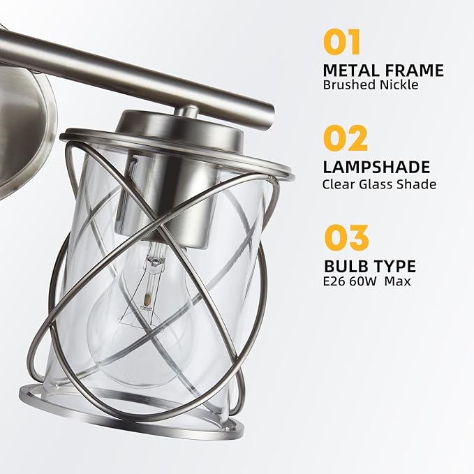 Mavcadonf Modern Vanity Lights with Cage Shade, 3 Lights Over Mirror, Brushed Nickel Bathroom Wall Lamp