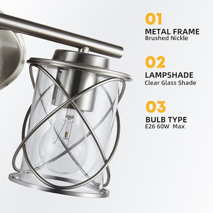 Mavcadonf Modern Vanity Lights with Cage Shade, 3 Lights Over Mirror, Brushed Nickel Bathroom Wall Lamp