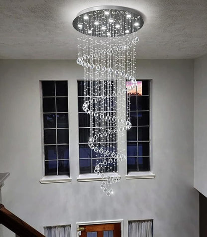HAIXIANG LED High Ceiling Chandelier Crystal Chandeliers Light Fixtures with Dimmable Light Bulbs Gold Living Room Foyer Chandelier Modern Pendants Lights for Entryway Staircase Silver