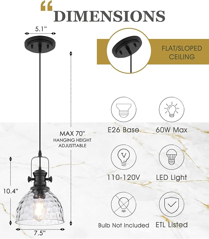 2-Pack Pendant Lights Kitchen Island, 7.5" Farmhouse Black Pendant Lighting with Hammered Glass Shade, Vintage Hanging Light Fixtures for Dining Room Entryway, AD-22151-1P2-BK-H