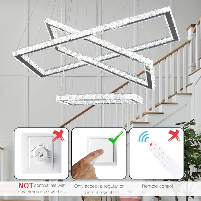 Finktonglan 31.4 inch Modern Crystal Chandelier, 3 Rectangular LED Rings Chandeliers Pendant Ceiling Light for Dining Room Kitchen Island Stair Well (6000K Cool White)
