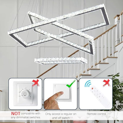 Finktonglan 31.4 inch Modern Crystal Chandelier, 3 Rectangular LED Rings Chandeliers Pendant Ceiling Light for Dining Room Kitchen Island Stair Well (6000K Cool White)