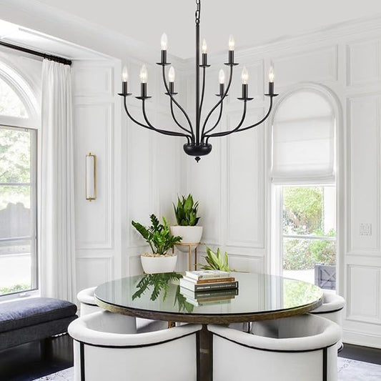 Black Farmhouse Chandelier 9-Light, 2-Tier Modern Candle Chandeliers for Dining Room Light Fixtures, Industrial Hanging Light French Country Chandelier for Bedroom Living Room Foyer Entryway