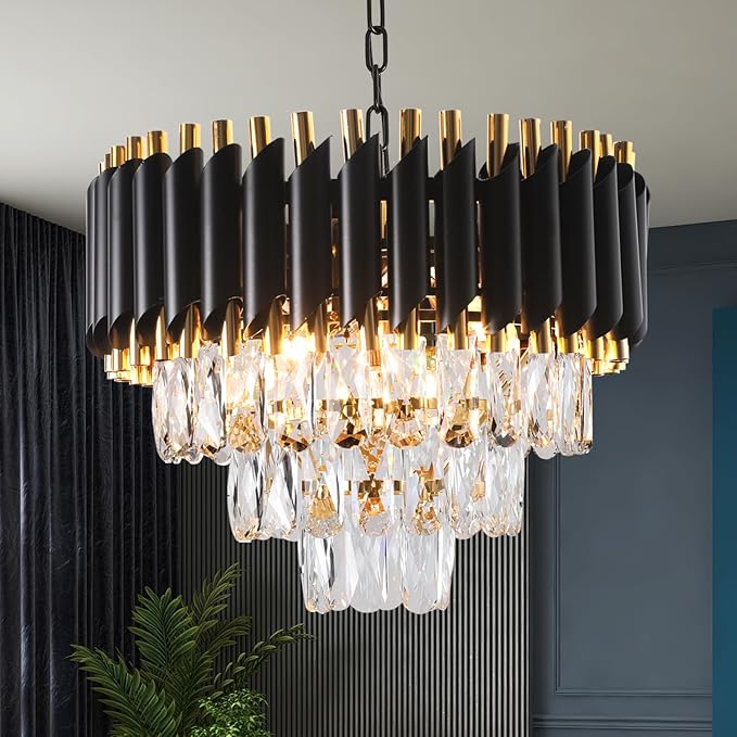 Modern Crystal Chandeliers 15.7”Gold Contemporary Crystal Ceiling Lights Fixtures 3-Tiers 5 Lights Black Round Chandelier Pendant Light Fixtures for Entryway Living Room Dining Room Bedroom