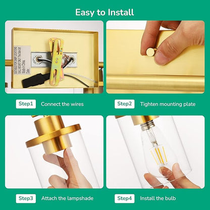 EDISHINE Bathroom Light Fixtures, 2-Light Gold Bathroom Vanity Light, Modern Wall Sconces with Clear Glass Shades for Powder Room, Vanity Table, Mirror, Kitchen (E26 Base)