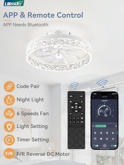 LEDIARY 15.7 Inch Low Profile Ceiling Fans with Lights and Remote, Flush Mount Ceiling Fan, 3000K-6000K Fandelier Dimmable Ceiling Fan, Modern Ceiling Fans with Light for Bedroom- White