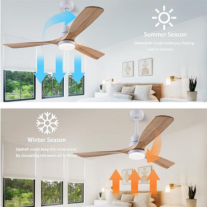48" Wooden Ceiling Fans with Lighted Remote Control, Indoor Outdoor Wooden Ceiling Fan, Outdoor Modern Ceiling Fan with 3 Fan Blades for Patio, Living Room, Farmhouse, etc (White + Wood Color)…