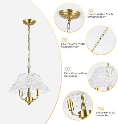 15.08 Inch Modern Large Brass Gold Clear Glass Pendant Light Fixture Bronze Hanging Lamp for Kitchen Island Ceiling Dining Table Foyer Hallway Entry E12 Base UL Socket Hardwired Lampara