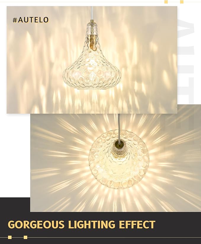 AUTELO Gold Pendant Lights, 10" Hammered Pendant Lights Kitchen Island, Farmhouse Hanging Lights in Brushed Gold Finish and Clear Hammered Glass, Hanging Light Fixture for Kitchen Island, H9164 HMBG