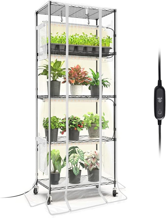 Bstrip Indoor Greenhouse with Grow Light, 5 Tier 23.5"x13.8"x59" Mini Greenhouse with 4 Pack 24W Full Spectrum Plant Lights & Timer, Plant Shelf with Cover for Indoor Plant, Seed Starting, Seed Tray