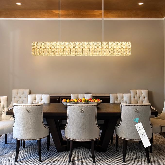 47 Inch Rectangular Crystal Chandelier Glam Dimmable LED Chandeliers for Dining Room Linear Pendant Light with Remote Control for Kitchen Island Gold