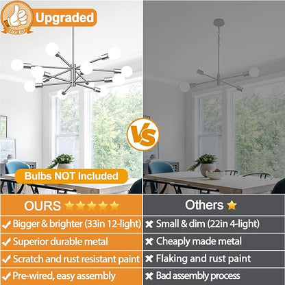 33" Modern Chandelier Ceiling Light Fixture, 12-Light Sputnik Chandeliers Brushed Nickel Mid Century Chandelier Over Table, Height Adjustable Chandeliers for Dining Room Living (Bulbs Not Included)