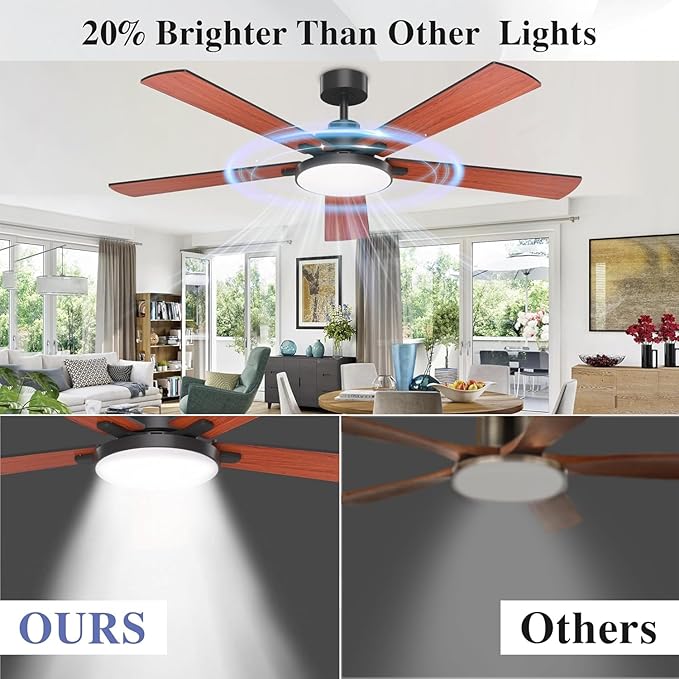 DIAMONDFORGE Ceiling Fans with Lights and Remote Control,Indoor/Outdoor Flush Mount Low Profile Commercial Reversible Dimmable Wood Grain Ceiling Fans for Living Room Patio Industrial Shop, 62 inch