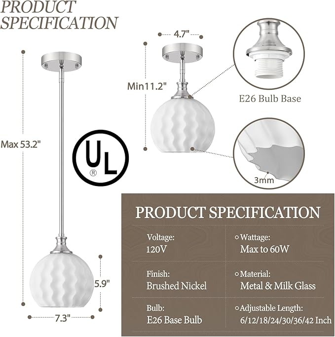 Brushed Nickel Pendant Lights Kitchen Island, 7.3" 1-Light Modern Milk Glass Globe Light Fixtures with Adjustable Rods, Hanging Ceiling Lighting for Sink, Hallway (E26 Base)
