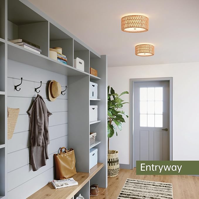Boho Ceiling Light Fixtures 12.6" Flush Mount Ceiling Light, Hand-Woven Rattan Light Fixture for Bedroom Close to Ceiling Light Modern Ceiling Light for Foyer Hallway Entryway Kids Room