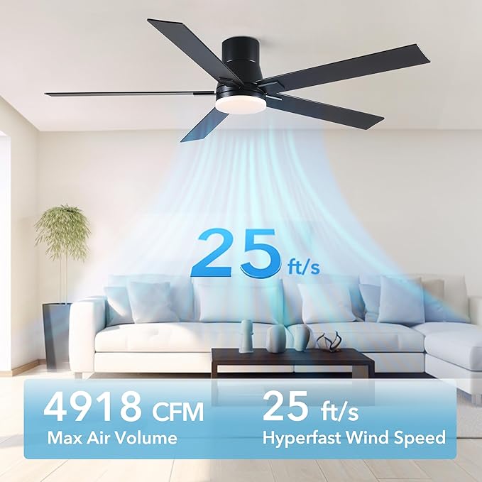 60 Inch Ceiling Fans with Lights and Remote,Flush Mount Black Ceiling Fan with 5 Blades,6 Speed Reversible DC Motor,3CCT Dimmable LED-Low Profile Design for Bedroom, Living room & Covered Outdoor
