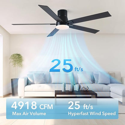 60 Inch Ceiling Fans with Lights and Remote,Flush Mount Black Ceiling Fan with 5 Blades,6 Speed Reversible DC Motor,3CCT Dimmable LED-Low Profile Design for Bedroom, Living room & Covered Outdoor