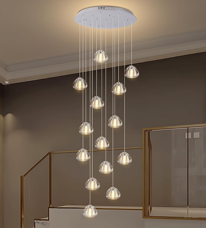 Modern Crystal Chandelier 14-Lights High Ceiling Raindrop Chandelier Lighting Fixture, Large LED Round Indoor Lighting Fixture Chrome for Foyer Staircase Living Room
