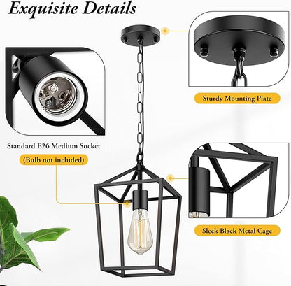 Farmhouse Black Pendant Light for Kitchen Island Industrial Hanging Lantern Fixture Modern Metal Cage Lamp Chandelier Lighting for Dinning Room Hallway, 49in Adjustable Chain for Flat & Sloped Ceiling